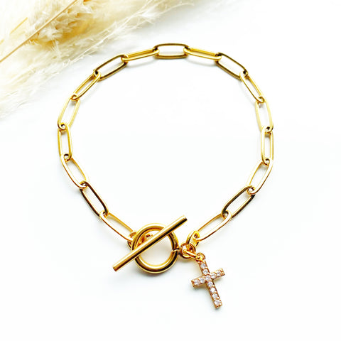 Simple Minimalist Crystal Cross Gold Chain T-Bar Bracelet - Stainless Steel - Link - Toggle - Christian - Religious, Gift - Birthday Wedding