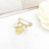 Crystal Mini Pin with Virgin Mary, Cross, Initial, Crown, Protection Baby Pin, Gold Safety Pin, Christening, Baby Shower, Christian