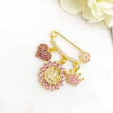 Gold Pink Mini Crystal Diamante Allah, Evil Eye Baby Clothing Pin, Crown, Heart, Neutral, Unisex, Gender Neutral