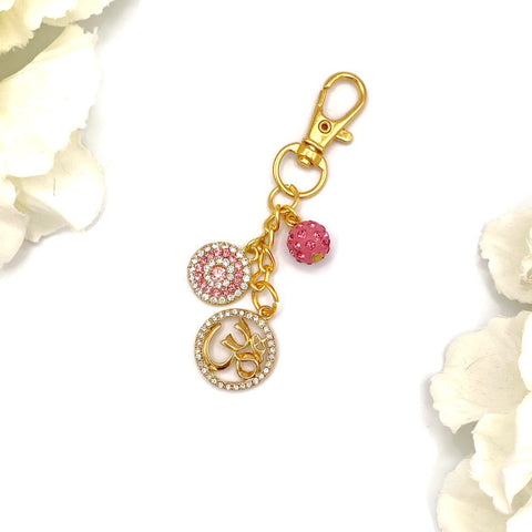 Exclusive Gold Crystal Pink Evil Eye, Om Bag Charm, Aum, Hindu, Keyring, Keychain