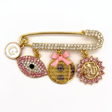 Blue Crystal Diamante Personalised Ayatul Kursi & Crystal Allah Evil Eye Midi Pin - Gender Neutral, Unisex, Hamsa Hand
