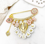 Personalised Gold Evil Eye Name Khanda Baby Stroller Pin, Baby Gift, New Baby, Birthday, Wedding Gift, Sikh, Diwali, Protection, Vaisakhi