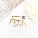 Evil Eye Cross, Italian Horn, Initial Protection Baby Pin, Gold Safety Pin, Jewellery, Custom, Christian, Cornicello, Baby Shower, Baptism
