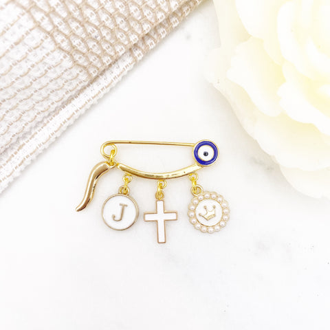 Evil Eye Cross, Italian Horn, Initial Protection Baby Pin, Gold Safety Pin, Jewellery, Custom, Christian, Cornicello, Baby Shower, Baptism