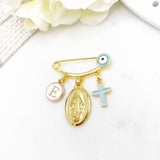 Personalised Initial Gold Evil Eye, Virgin Mary, Cross, Protection Baby Pin, Gold Safety Pin, Jewellery, Custom, Christian