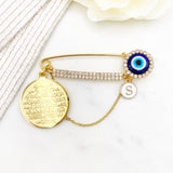 Personalised Large Beautiful Diamante Evil Eye Pin with Ayatul Kursi Charm & Initial