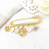 Diamanate Luxury Personalised Om and Ganesh, Evil Eye, Stroller Pin - Aum, Hindu, Baby, Blessing, Protection, Baby Pins, Brooch