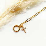 Simple Minimalist Crystal Cross Gold Chain T-Bar Bracelet - Stainless Steel - Link - Toggle - Christian - Religious, Gift - Birthday Wedding