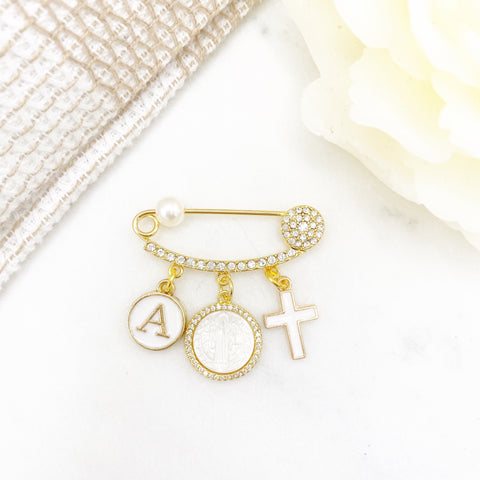Crystal Mini Pin with Cross, Jesus, and Initial Protection Baby Pin, Gold Safety Pin, Jewellery, Custom, Christian, Catholic, Baby Shower