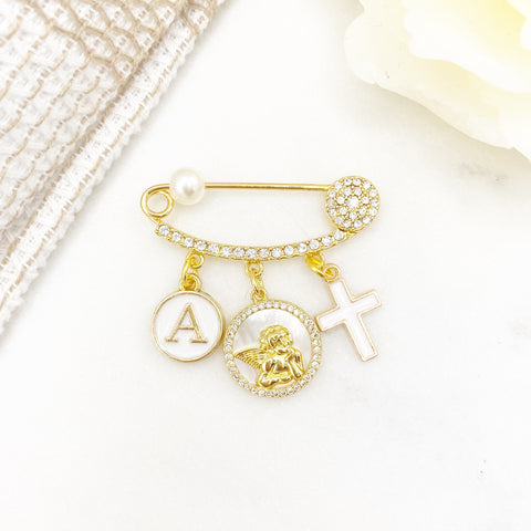 Crystal Mini Pin with Guardian Angel, Cross, Initial, Crown, Protection Baby Pin, Gold Safety Pin, Christening, Baby Shower, Christian