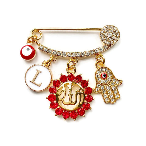 Evil Eye Red Diamante Small Personalised Initial Allah Mini Pin & Hamsa Hand