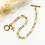 Simple Minimalist Crystal Cross Gold Chain T-Bar Bracelet - Stainless Steel - Link - Toggle - Christian - Religious, Gift - Birthday Wedding