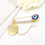 Personalised Large Beautiful Diamante Evil Eye Pin with Ayatul Kursi Charm & Initial