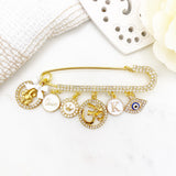 Diamanate Luxury Personalised Om and Ganesh, Evil Eye, Stroller Pin - Aum, Hindu, Baby, Blessing, Protection, Baby Pins, Brooch