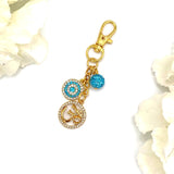 Exclusive Gold Crystal Blue Evil Eye, Om Bag Charm, Aum, Hindu, Keyring, Keychain