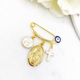 Personalised Initial Gold Evil Eye, Virgin Mary, Cross, Protection Baby Pin, Gold Safety Pin, Jewellery, Custom, Christian
